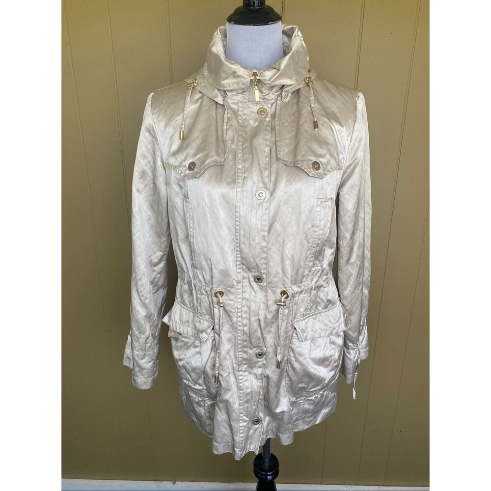 Gallery women L shiny gold zip/button up hooded lightweight jacket